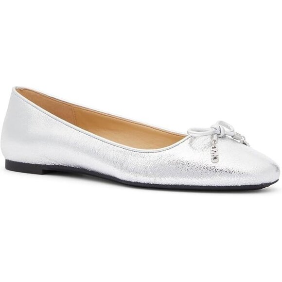 Michael kors Nori Metallic Leather Ballet Flat Shoes Women Silver Bow Slip-on - Picture 1 of 3